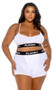 Jersey knit sporty lounge bralette features a scoop neckline, contrast Playboy logo elastic, and spaghetti straps. Matching high waisted shorts with lined crotch also included. Two piece set.
