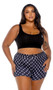 Jersey knit cropped tank top features Playboy bunny logo print, wide shoulder straps, scoop neck and elastic trim. Matching cozy fleece high waisted shorts feature bunny logo diamond screen print and adjustable drawstring waist.  Two piece set.