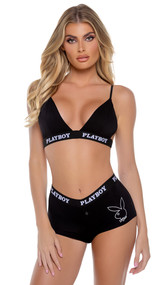 Modal knit bralette features triangle cups with plunge neckline, Playboy logo elastic, adjustable shoulder straps, and swan hook back closure. Matching shorts feature Playboy bunny silhouette screen print, logo print elastic waistband and button fly. Two piece set.