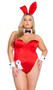Classic Playboy Bunny costume set includes sleeveless and strapless corset bodysuit featuring underwire cups, boning, and back lace up closure to help ensure correct fit. Ribbon and cuffs with cufflinks feature the Playboy bunny logo. Collar, bow tie, bunny tail and matching bunny ears headband also included. Eight piece set.