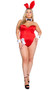 Classic Playboy Bunny costume set includes sleeveless and strapless corset bodysuit featuring underwire cups, boning, and back lace up closure to help ensure correct fit. Ribbon and cuffs with cufflinks feature the Playboy bunny logo. Collar, bow tie, bunny tail and matching bunny ears headband also included. Eight piece set.