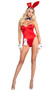 Classic Playboy Bunny costume set includes sleeveless and strapless corset bodysuit featuring underwire cups, boning, and back lace up closure to help ensure correct fit. Ribbon and cuffs with cufflinks feature the Playboy bunny logo. Collar, bow tie, bunny tail and matching bunny ears headband also included. Eight piece set.
