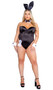Classic Playboy Bunny costume set includes sleeveless and strapless corset bodysuit featuring underwire cups, boning, and back lace up closure to help ensure correct fit. Ribbon and cuffs with cufflinks feature the Playboy bunny logo. Collar, bow tie, bunny tail and matching bunny ears headband also included. Eight piece set.