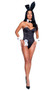 Classic Playboy Bunny costume set includes sleeveless and strapless corset bodysuit featuring underwire cups, boning, and back lace up closure to help ensure correct fit. Ribbon and cuffs with cufflinks feature the Playboy bunny logo. Collar, bow tie, bunny tail and matching bunny ears headband also included. Eight piece set.