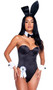 Classic Playboy Bunny costume set includes sleeveless and strapless corset bodysuit featuring underwire cups, boning, and back lace up closure to help ensure correct fit. Ribbon and cuffs with cufflinks feature the Playboy bunny logo. Collar, bow tie, bunny tail and matching bunny ears headband also included. Eight piece set.