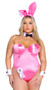 Classic Playboy Bunny costume set includes sleeveless and strapless corset bodysuit featuring underwire cups, boning, and back lace up closure to help ensure correct fit. Ribbon and cuffs with cufflinks feature the Playboy bunny logo. Collar, bow tie, bunny tail and matching bunny ears headband also included. Eight piece set.