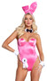 Classic Playboy Bunny costume set includes sleeveless and strapless corset bodysuit featuring underwire cups, boning, and back lace up closure to help ensure correct fit. Ribbon and cuffs with cufflinks feature the Playboy bunny logo. Collar, bow tie, bunny tail and matching bunny ears headband also included. Eight piece set.