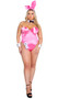 Classic Playboy Bunny costume set includes sleeveless and strapless corset bodysuit featuring underwire cups, boning, and back lace up closure to help ensure correct fit. Ribbon and cuffs with cufflinks feature the Playboy bunny logo. Collar, bow tie, bunny tail and matching bunny ears headband also included. Eight piece set.