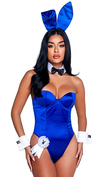 Classic Playboy Bunny costume set includes sleeveless and strapless corset bodysuit featuring underwire cups, boning, and back lace up closure to help ensure correct fit. Ribbon and cuffs with cufflinks feature the Playboy bunny logo. Collar, bow tie, bunny tail and matching bunny ears headband also included. Eight piece set.