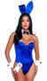 Classic Playboy Bunny costume set includes sleeveless and strapless corset bodysuit featuring underwire cups, boning, and back lace up closure to help ensure correct fit. Ribbon and cuffs with cufflinks feature the Playboy bunny logo. Collar, bow tie, bunny tail and matching bunny ears headband also included. Eight piece set.