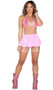 Sheer mesh mini skirt with shimmer iridescent waist band and trim. Pull on style.