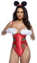 Polka dot stretch satin teddy features mesh side panels with strappy accents, underwire shelf cups, steel boning, adjustable shoulder straps, cotton gusset, cage style back with hook and eye closures, and open bottom. Velvet mouse ears plastic headband features matching satin polka dot bow. Two piece set.