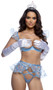 Stretch satin bra features underwire shelf cups, 3-D butterfly sequin mesh ruffles, satin ribbon bow accent, adjustable shoulder straps, and cage style back with hook and eye closure. Matching peplum skirt and strappy thong with cotton gusset also included. Three piece set.
