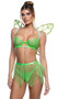Eyelash floral lace bra features underwire demi cups, sating ribbon bow accent, adjustable shoulder straps and cage style back with hook and eye closure. Matching glitter mesh skirt features handkerchief hem and swan hook back closure. Matching thong with cotton gusset also included. Three piece set.