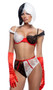 Two toned eyelash floral lace bra features underwire demi cups, faux fur drop sleeve detail, satin ribbon bow accent, contrast trim, adjustable shoulder straps with picot elastic, and cage style back with hook and eye closure. Matching high waist panty with cotton gusset and cheeky cut back.