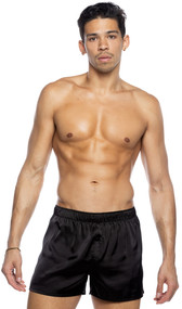 Stretch satin boxer shorts feature elastic waist and button fly.