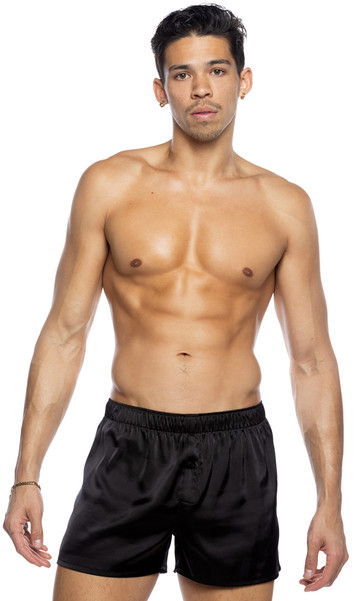 Stretch satin boxer shorts feature elastic waist and button fly.