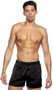 Stretch satin boxer shorts feature elastic waist and button fly.