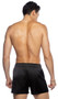 Stretch satin boxer shorts feature elastic waist and button fly.