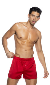 Stretch satin boxer shorts feature elastic waist and button fly.