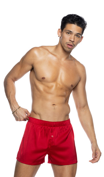 Stretch satin boxer shorts feature elastic waist and button fly.