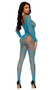 Fishnet and lace bodystocking features a faux teddy and thigh highs design, long sleeves, scoop neckline and open crotch.