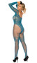 Fishnet and lace bodystocking features a faux teddy and thigh highs design, long sleeves, scoop neckline and open crotch.