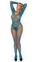 Fishnet and lace bodystocking features a faux teddy and thigh highs design, long sleeves, scoop neckline and open crotch.