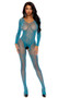 Fishnet and lace bodystocking features a faux teddy and thigh highs design, long sleeves, scoop neckline and open crotch.