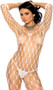 Wide hexagon net bodystocking features three quarter sleeves, scoop neck and and open crotch.