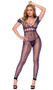 Crochet net footless bodystocking features off the shoulder cap sleeves, criss cross front and back detail, open crotch and hexagon net detail down the legs.