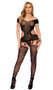 Crochet net suspender bodystocking features cut out sides and back, short off the shoulder sleeves, zig zag pattern and multi strap garters.