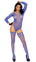 Crochet teddy features pothole striped design, long sleeves and scoop neck. Matching thigh high stockings also included. Two piece set.