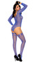 Crochet teddy features pothole striped design, long sleeves and scoop neck. Matching thigh high stockings also included. Two piece set.