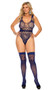 Sleeveless crochet teddy features floral net design, wide shoulder straps with cut out detail, strappy back detail, high cut on the leg and thong back. Matching thigh high stockings also included. Two piece set.
