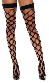 Big diamond net thigh high stockings feature multi fence net design and solid band.