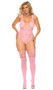 Floral lace net teddy features wide cut out shoulder straps, cut out strappy back detail and cheeky cut back. Matching thigh high stockings also included. Two pieces set.