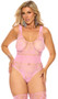 Floral lace net teddy features wide cut out shoulder straps, cut out strappy back detail and cheeky cut back. Matching thigh high stockings also included. Two pieces set.