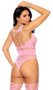 Floral lace net teddy features wide cut out shoulder straps, cut out strappy back detail and cheeky cut back. Matching thigh high stockings also included. Two pieces set.