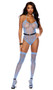 Sleeveless crochet teddy features sheer floral net and striped design, halter style straps and cheeky cut back. Matching thigh high stockings also included. Two piece set.
