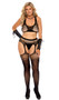Sleeveless cami crop top features crochet net design and wide racer back straps. Matching suspender pantyhose and G-string panty also included. Three piece set.