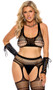 Sleeveless cami crop top features crochet net design and wide racer back straps. Matching suspender pantyhose and G-string panty also included. Three piece set.