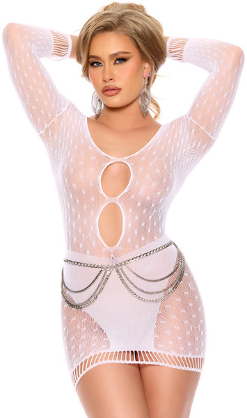 Long sleeve crochet mini dress features polka dot and M E design, sheer and opaque detail, scoop neck, cut out strappy wrist and hem detail, and keyhole front and back.