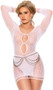 Long sleeve crochet mini dress features polka dot and M E design, sheer and opaque detail, scoop neck, cut out strappy wrist and hem detail, and keyhole front and back.