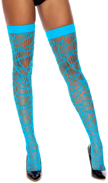 Distressed net thigh high stockings with solid band top.