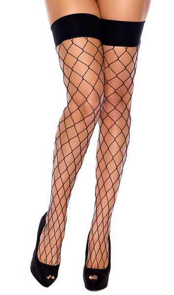 Diamond net thigh high stockings with solid band top.