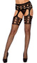 Diamond net suspender pantyhose feature solid top with cut out hole accents.