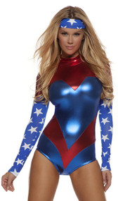 Sexy superhero costume includes two-toned metallic bodysuit with star spangled sleeves and matching headband.