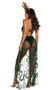 Mesmerizing Medusa costume includes stretch vinyl romper featuring snake print mesh, halter neck and tie back. Matching open front long skirt with snake buckle and snake headpiece also included. Three piece set.