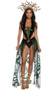 Mesmerizing Medusa costume includes stretch vinyl romper featuring snake print mesh, halter neck and tie back. Matching open front long skirt with snake buckle and snake headpiece also included. Three piece set.